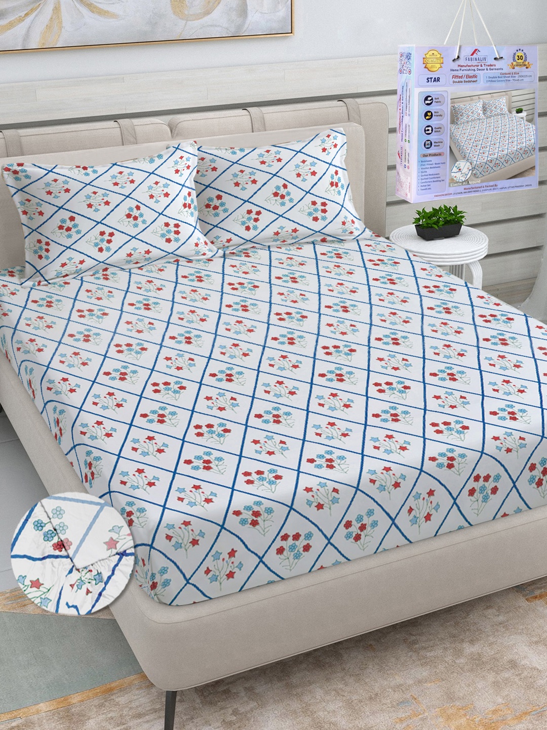 

FABINALIV White & Blue Floral Printed 300 TC King Bedsheet Set-2.50 m X 2.25 m