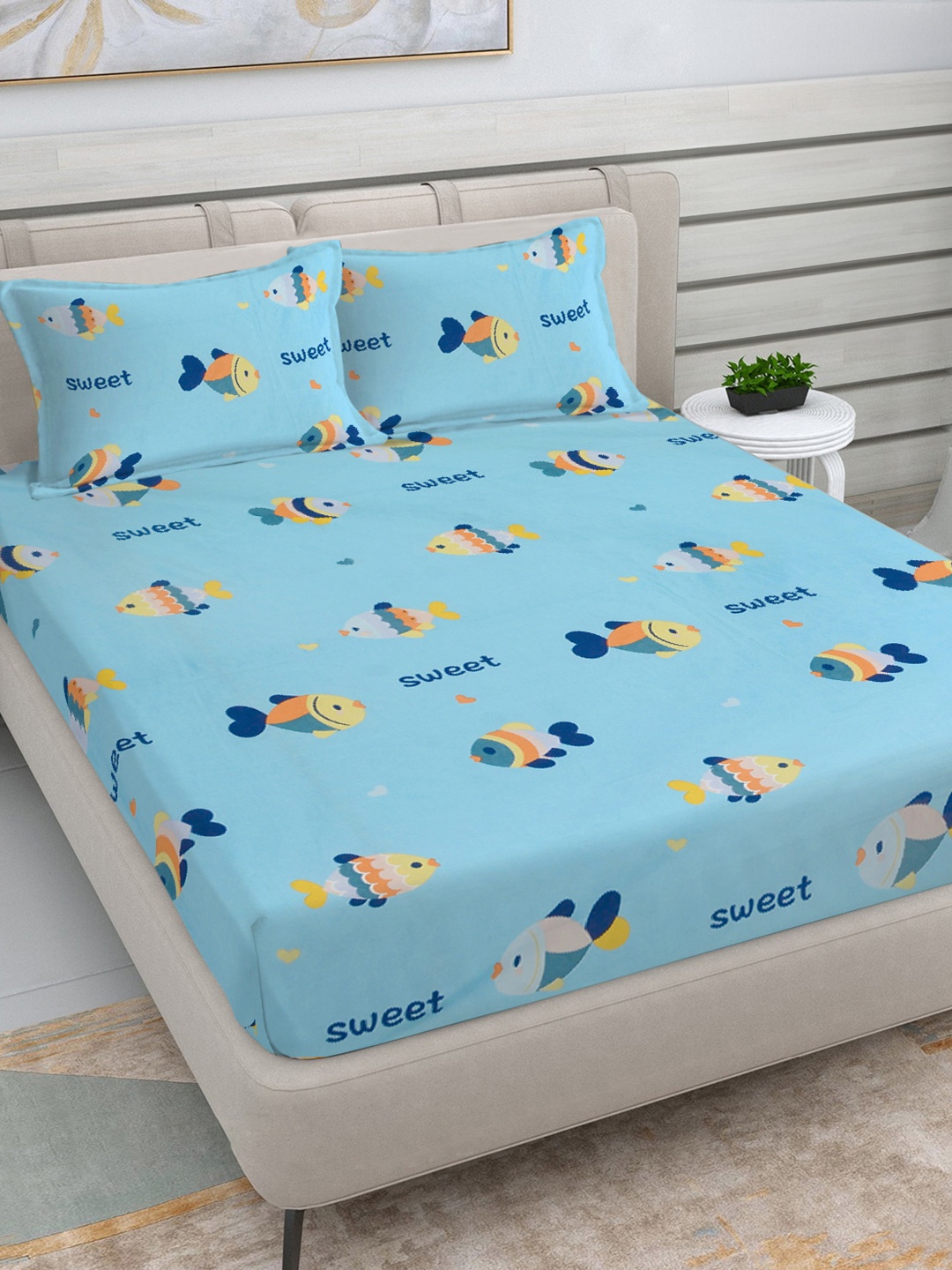 

FABINALIV Blue Conversational 300 TC Pure Cotton King Bedsheet Set-2.50 m X 2.25 m