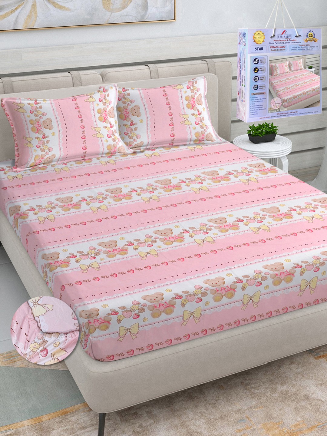 

FABINALIV Pink & White Cartoon Characters Printed 300 TC King Bedsheet Set-2.50 m X 2.25 m