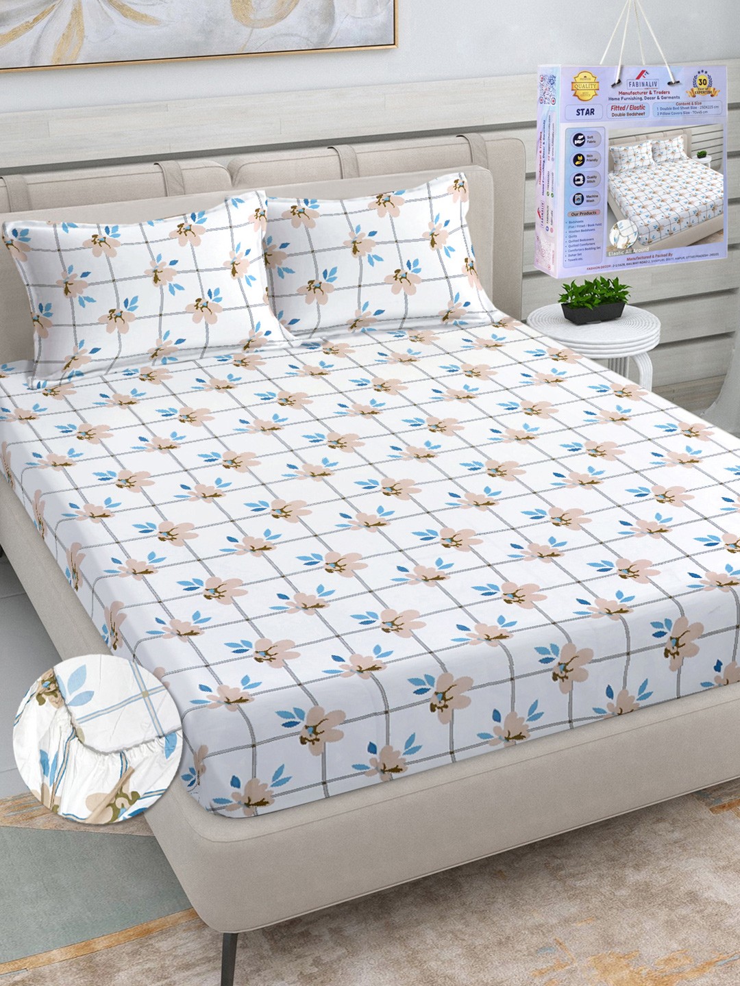 

FABINALIV White & Blue Floral Printed 300 TC King Bedsheet Set-2.50 m X 2.25 m
