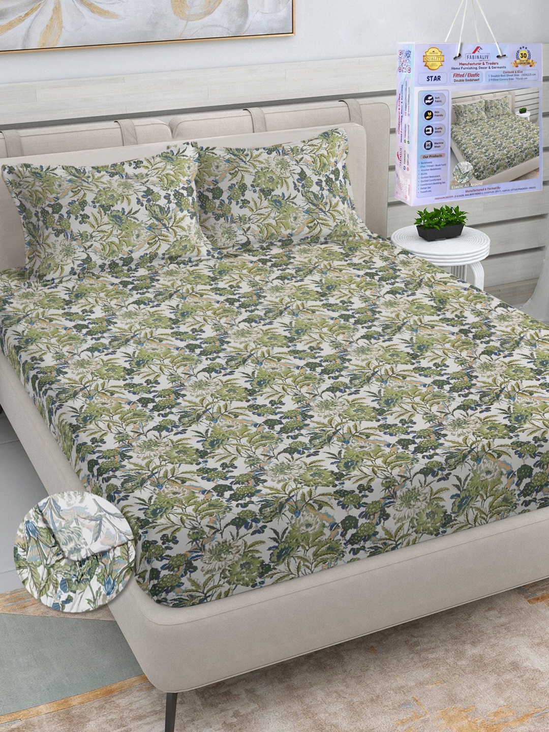 

FABINALIV Green & Blue Floral Printed 300 TC King Bedsheet Set-2.50 m X 2.25 m