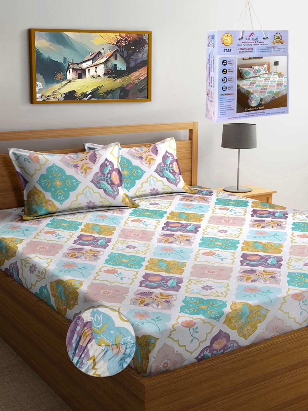 

FABINALIV Blue & White Geometric Printed 300 TC King Bedsheet Set-2.50 m X 2.25 m