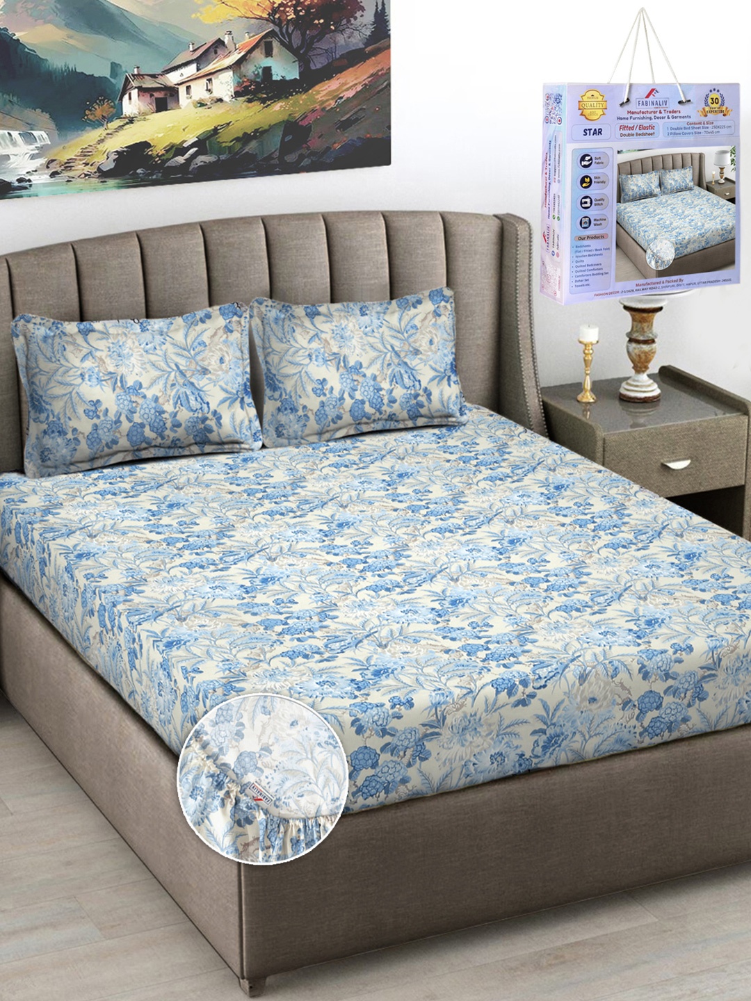 

FABINALIV White & Blue Floral Printed 300 TC King Bedsheet Set-2.50 m X 2.25 m