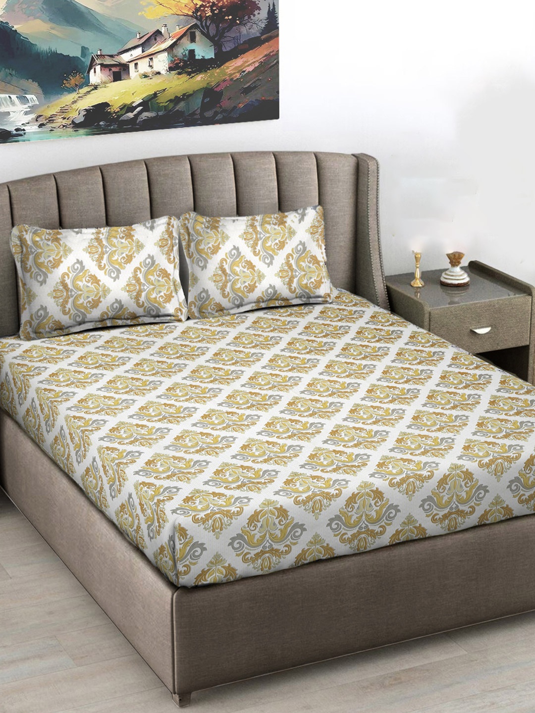 

FABINALIV White & Yellow Ethnic Motifs Printed 300 TC King Bedsheet Set-2.50 m X 2.25 m