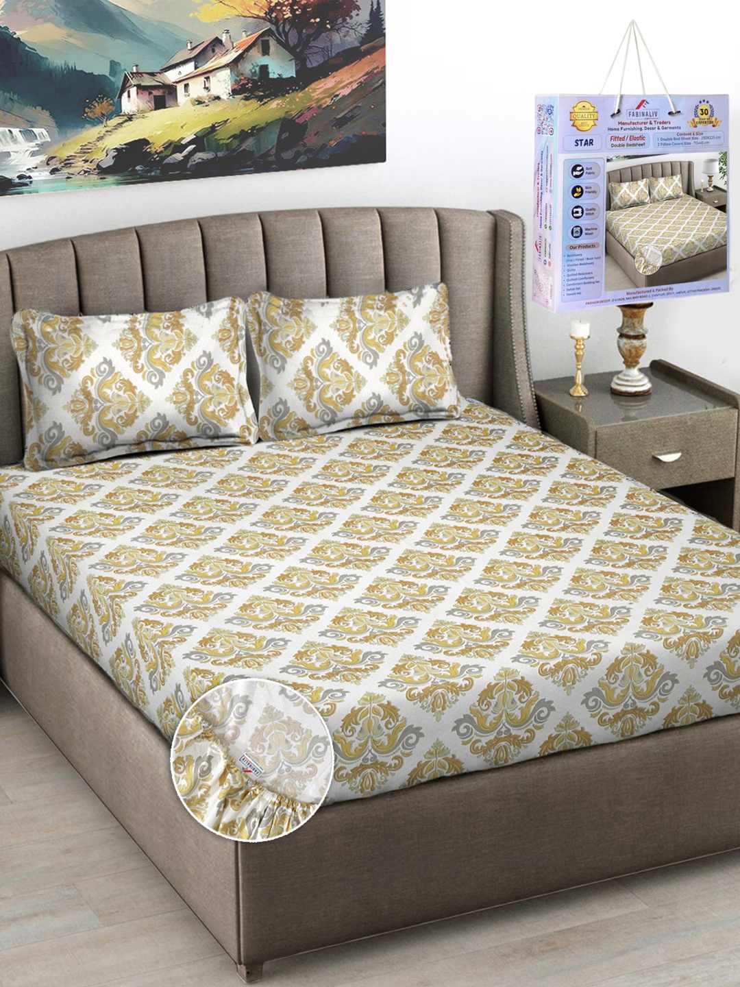 

FABINALIV White & Yellow Ethnic Motifs Printed 300 TC King Bedsheet Set-2.50 m X 2.25 m