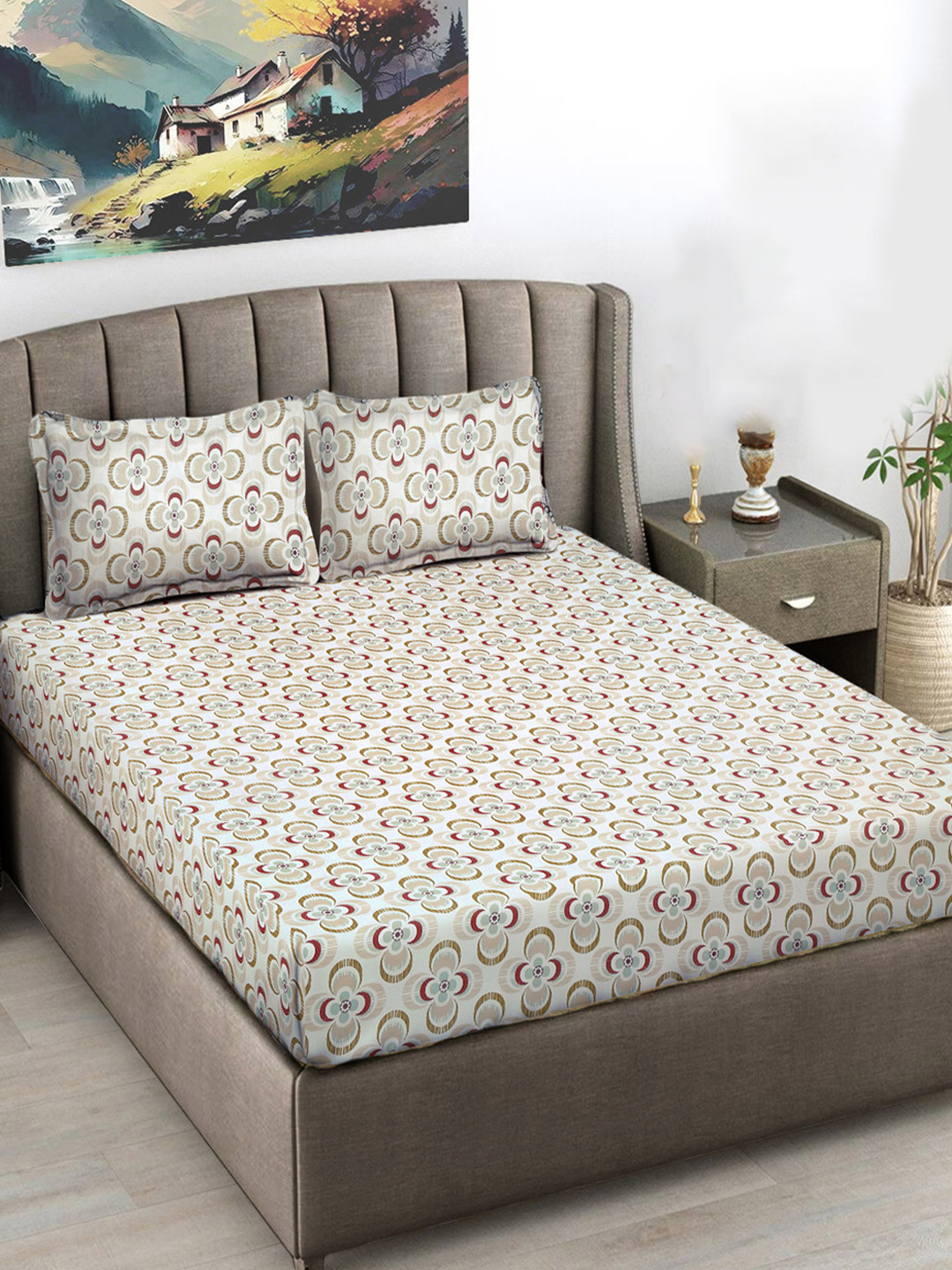 

FABINALIV White & Brown Floral Printed 300 TC King Bedsheet Set-2.50 m X 2.25 m