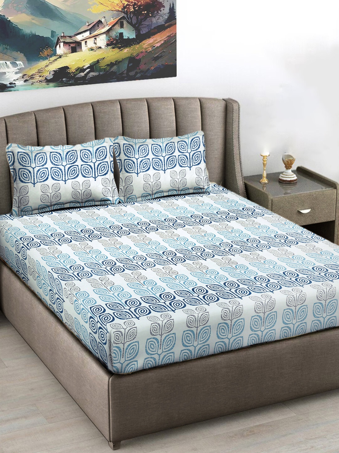 

FABINALIV Blue & Grey Floral Printed 300 TC King Bedsheet Set-2.50 m X 2.25 m