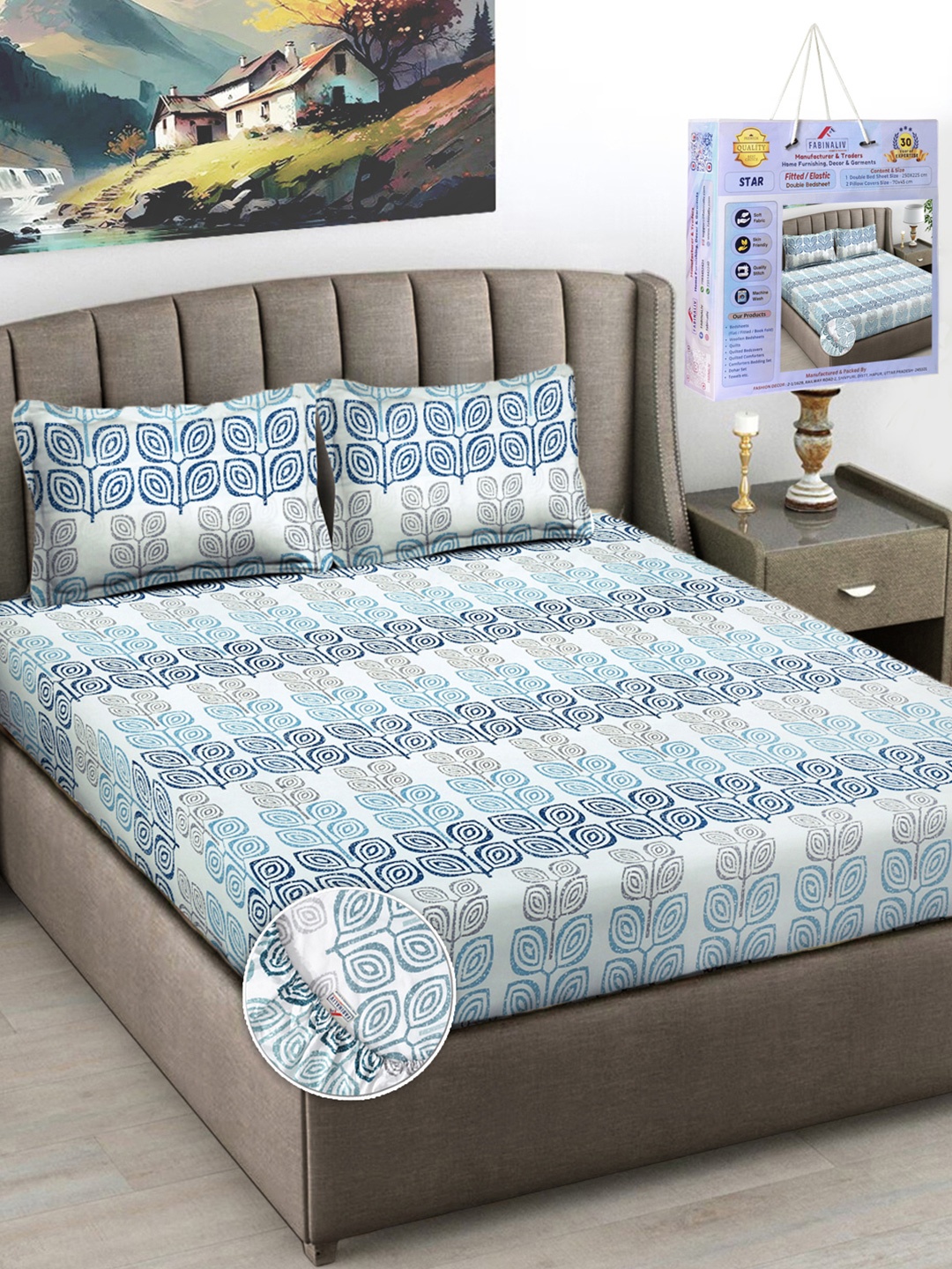 

FABINALIV Blue & Grey Floral Printed 300 TC King Bedsheet Set-2.50 m X 2.25 m