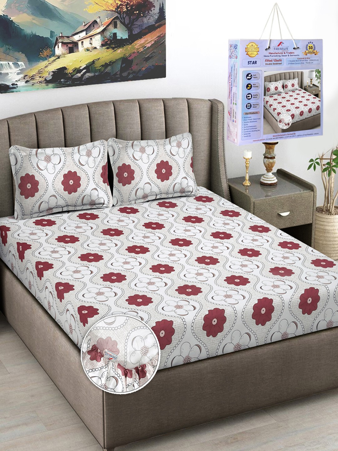 

FABINALIV White & Red Floral Printed 300 TC King Bedsheet Set-2.50 m X 2.25 m