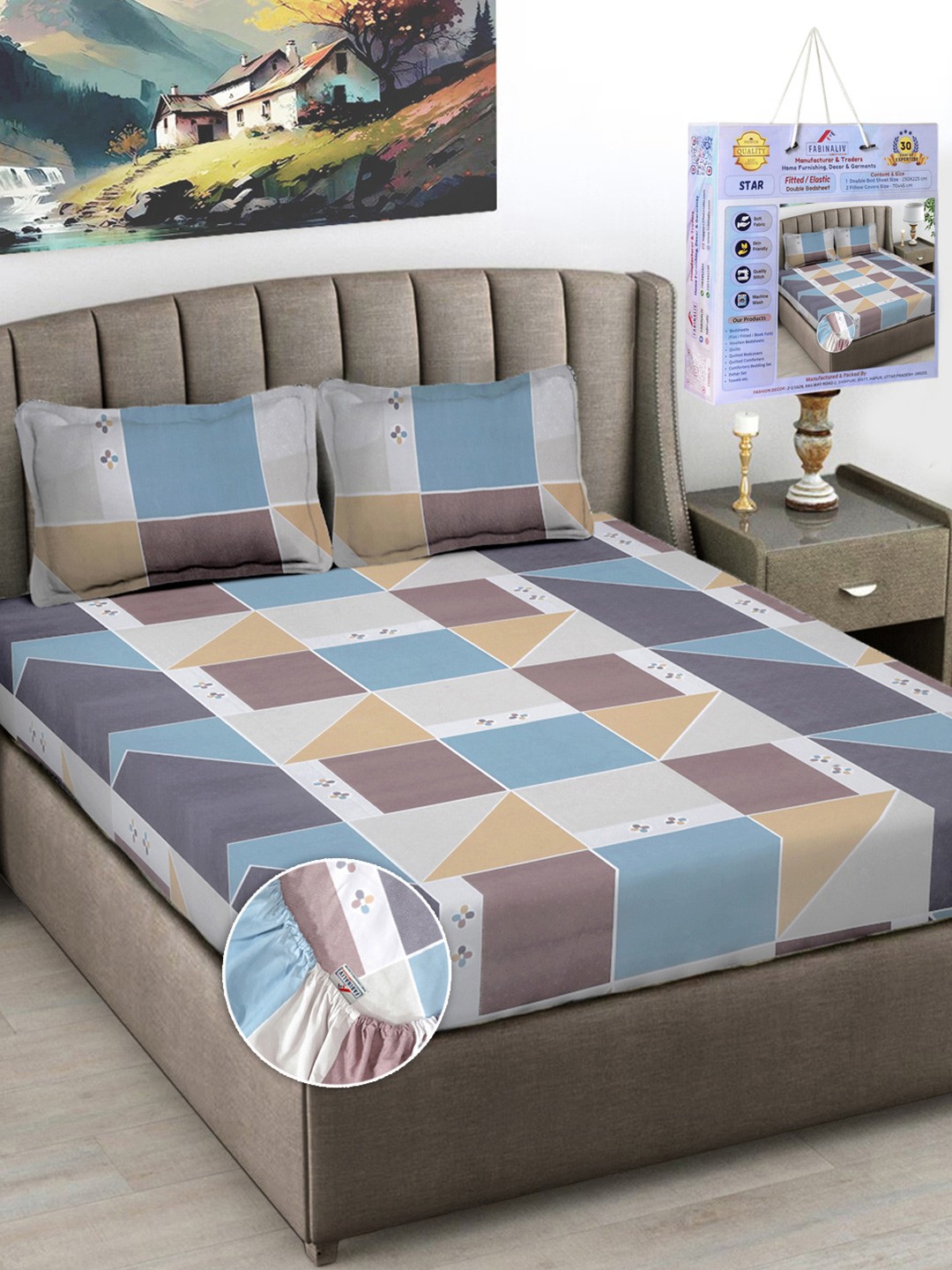 

FABINALIV Blue & White Geometric Printed 300 TC King Bedsheet Set-2.50 m X 2.25 m