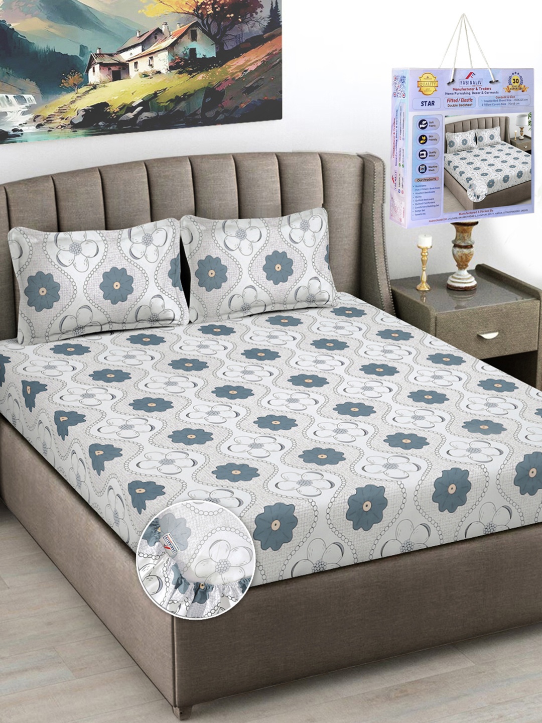 

FABINALIV White & Blue Floral Printed 300 TC King Bedsheet Set-2.50 m X 2.25 m