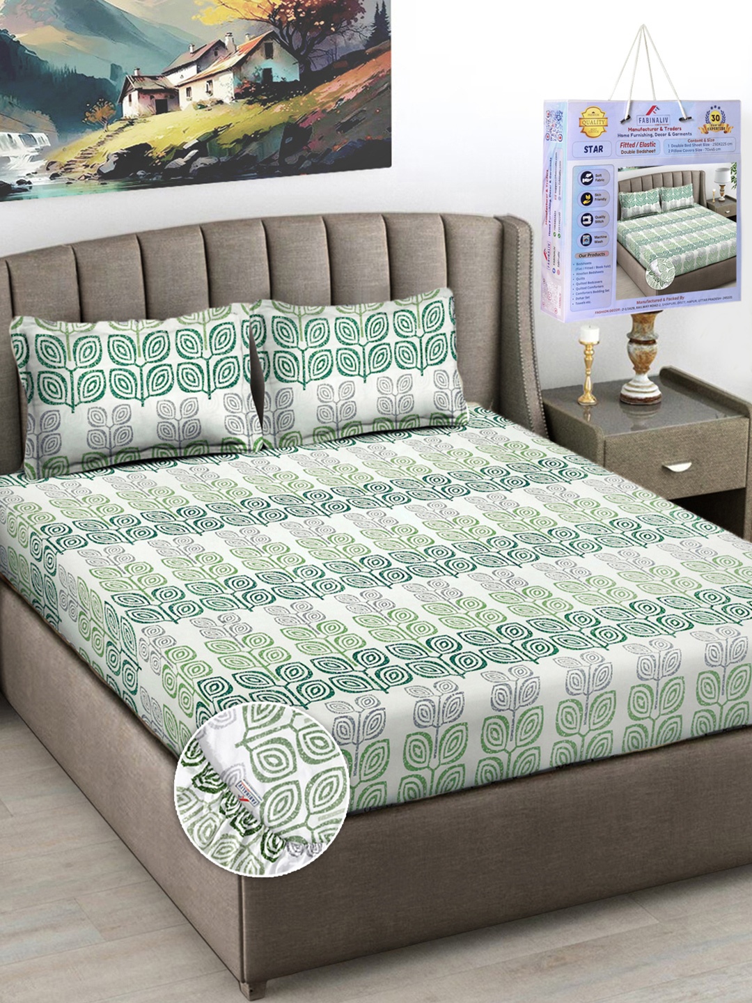 

FABINALIV White & Green Floral Printed 300 TC King Bedsheet Set-2.50 m X 2.25 m