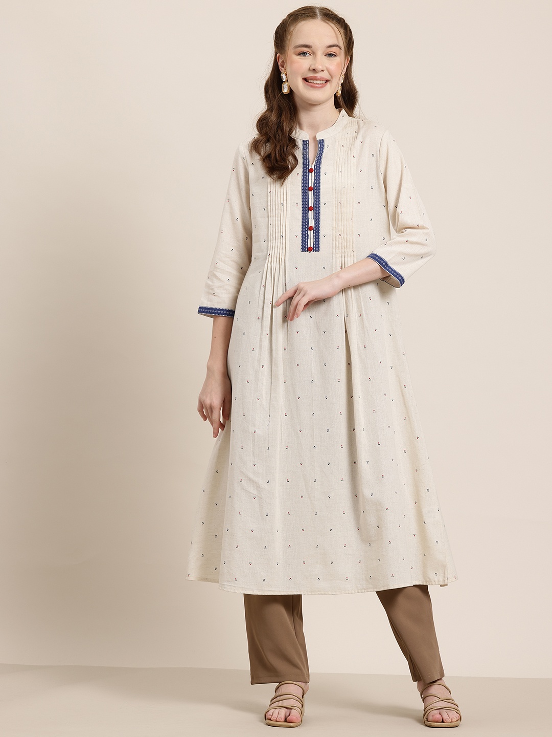 

HERE&NOW Geometric Embellished Pure Cotton Kurta, Off white