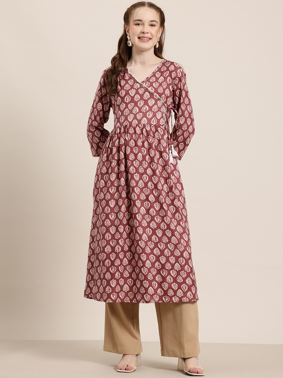 

HERE&NOW Ethnic Motifs Printed Sequinned Kurta, Brown