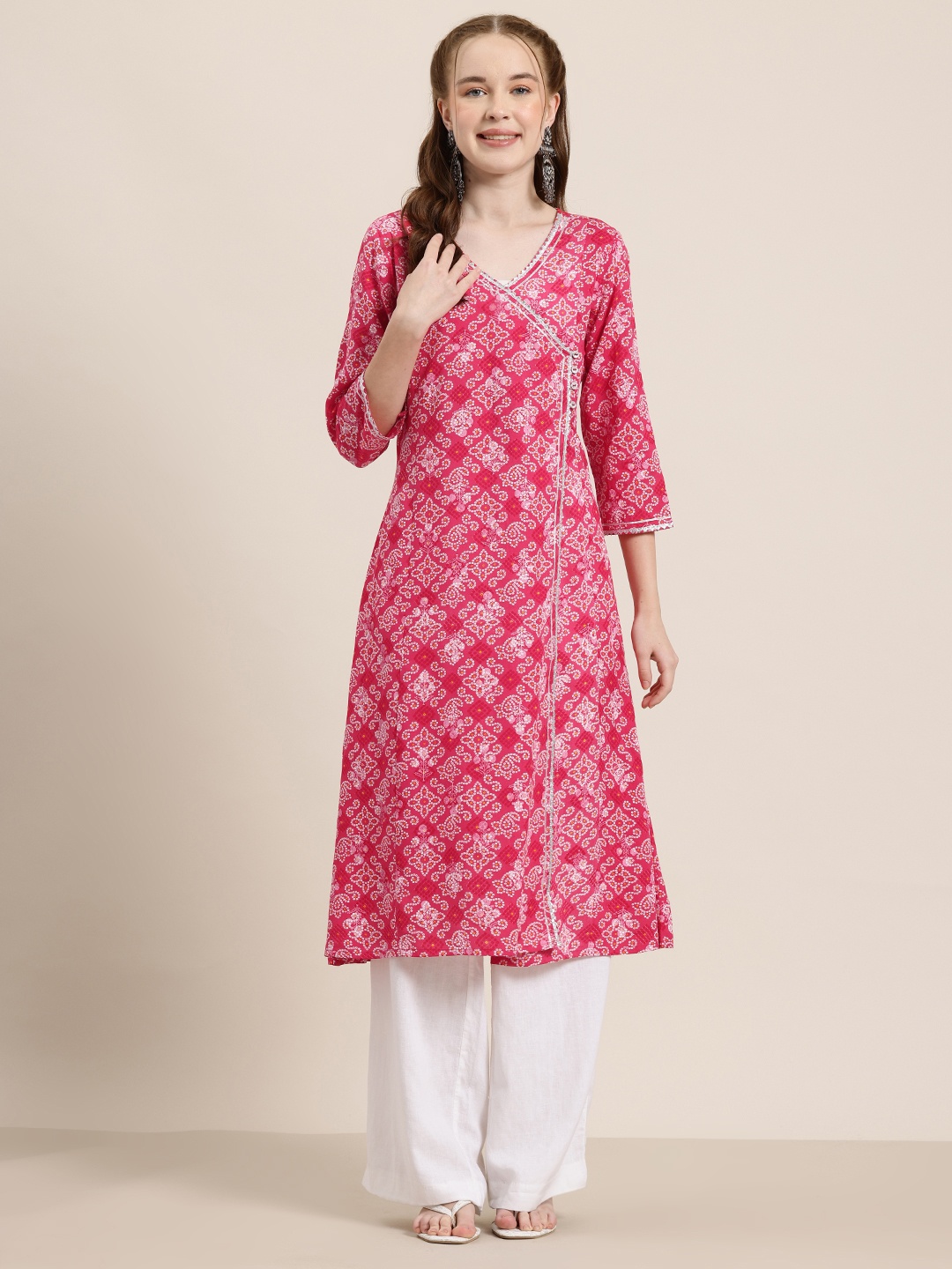 

HERE&NOW Bandhani Printed Gotta Patti Angrakha Kurta, Pink