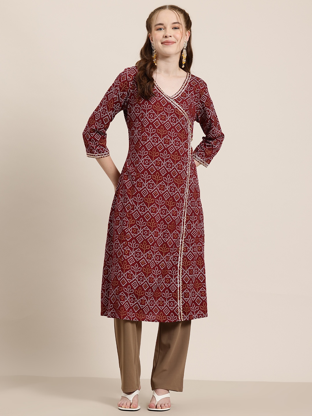 

HERE&NOW Bandhani Printed Gotta Patti Angrakha Kurta, Maroon