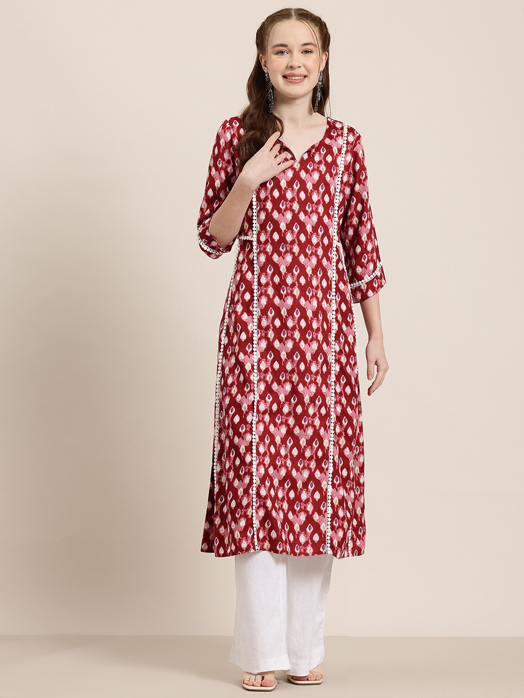 

HERE&NOW Printed Panelled Kurta, Maroon