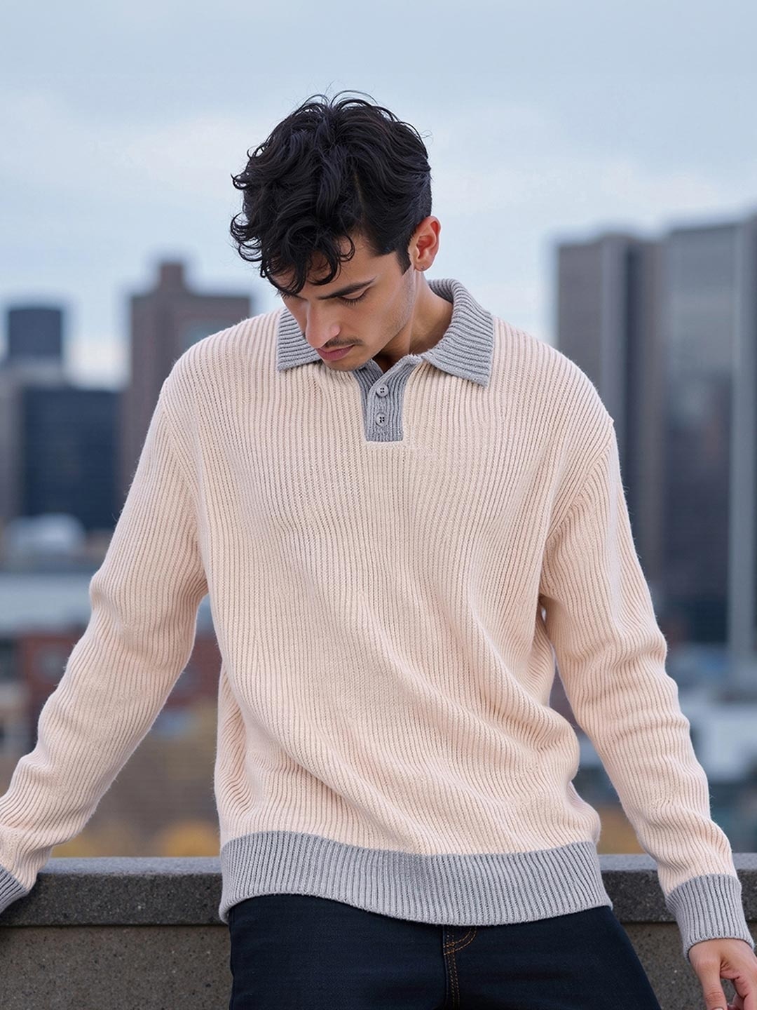 

Bewakoof Men Beige Oversized Textured Sweater