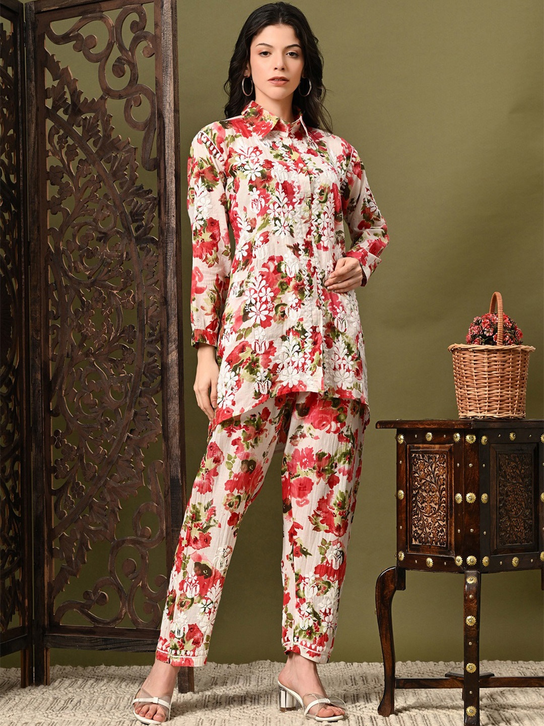 

Syrish Printed Long Sleeves Shirt With Trousers, Pink