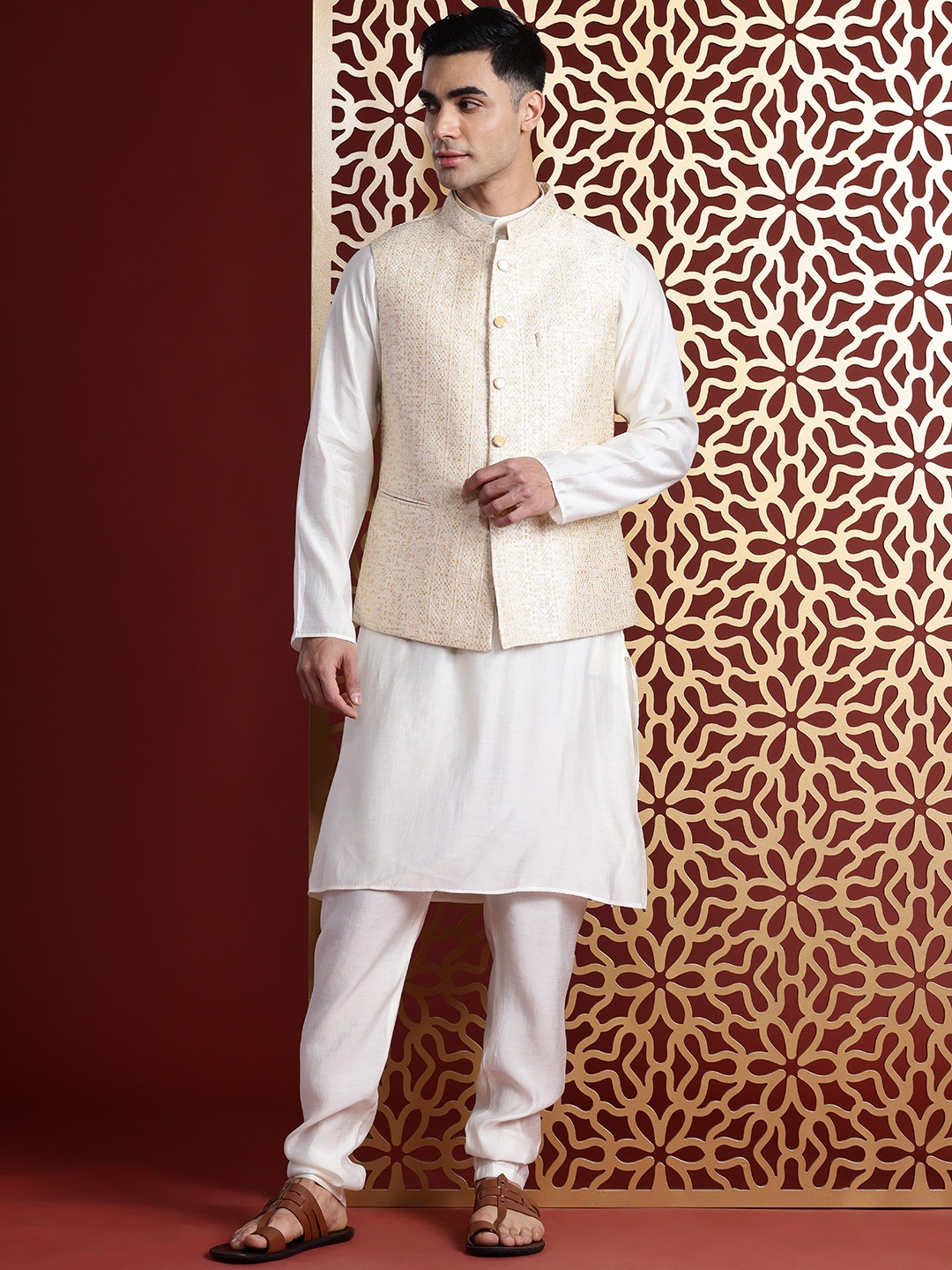 

MANQ Solid Kurta & Churidar With Woven Design Nehru Jacket, Cream