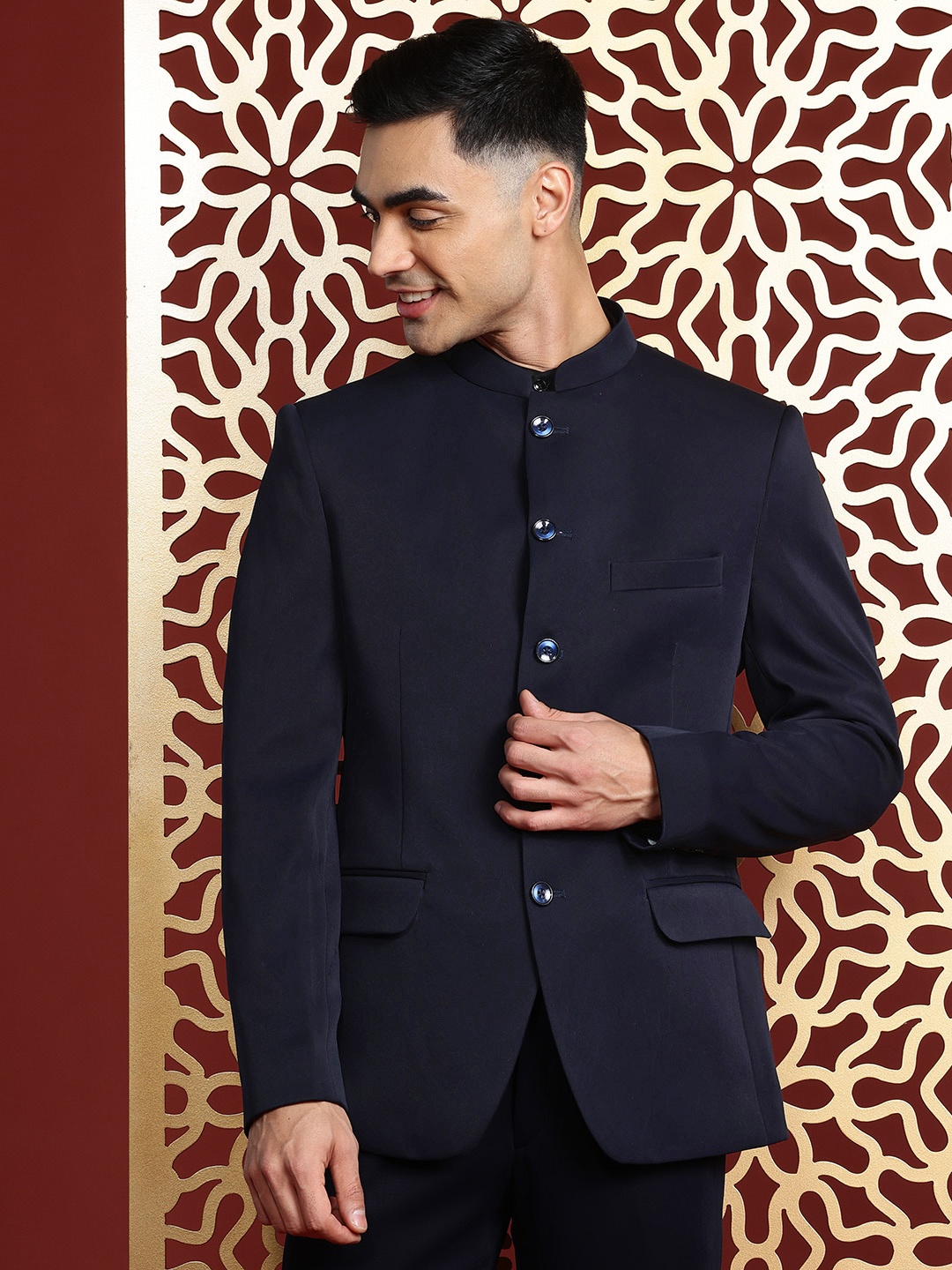 

MANQ Men Slim Fit Bandhgala Suit, Navy blue