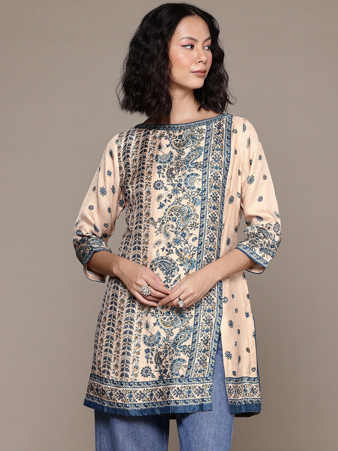 

Ritu Kumar Floral Printed Boat Neck Pure Silk Kurti, Off white