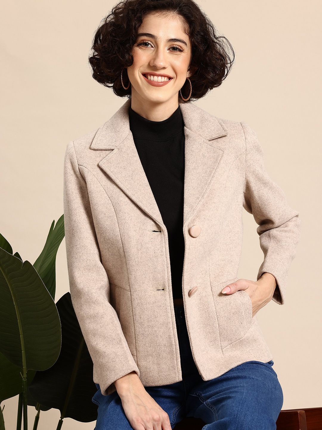 

Mast & Harbour Single-Breasted Casual Blazer, Cream