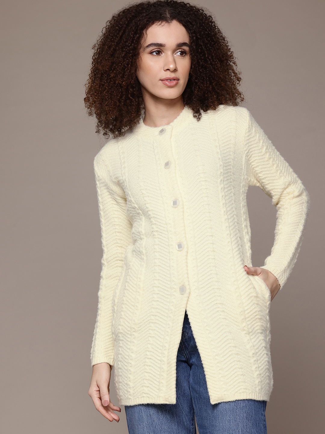 

The Roadster Lifestyle Co. Cable Knit Longline Cardigan, Cream