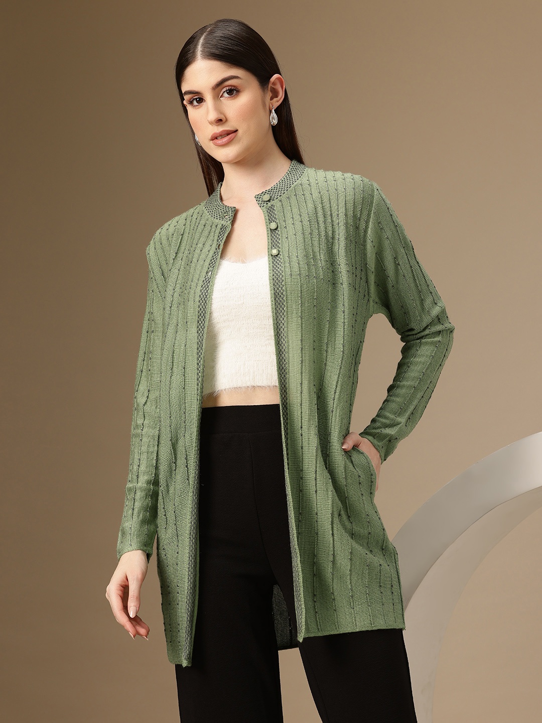 

Chemistry Striped Woollen Longline Cardigan, Green