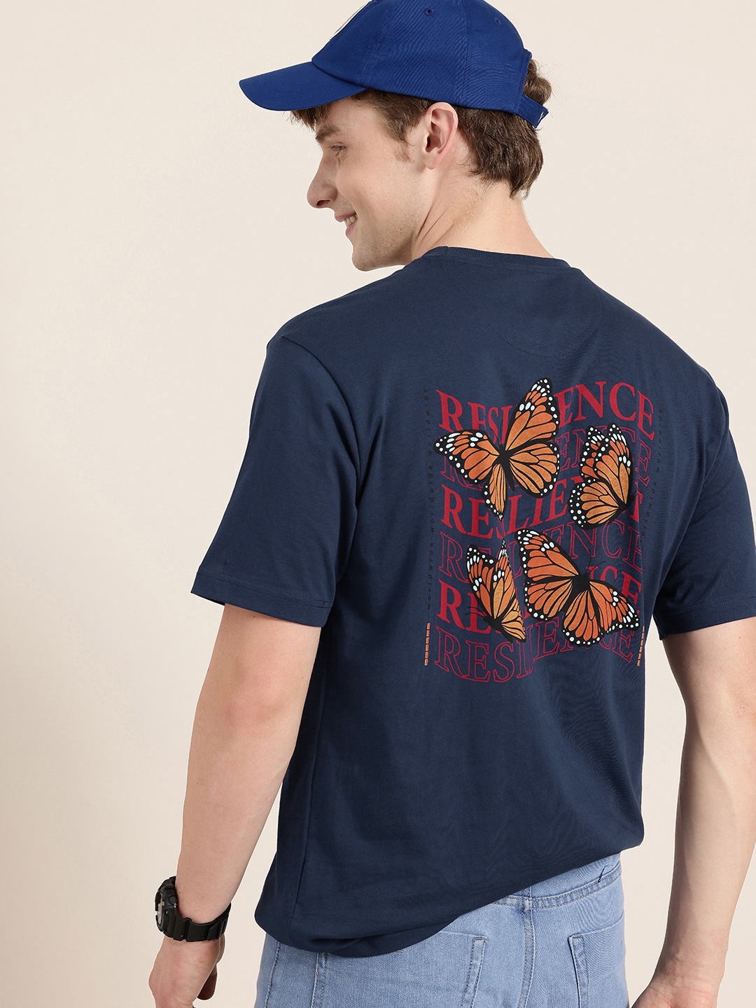 

HERE&NOW Printed Drop-Shoulder Sleeves Pure Cotton Oversized Fit T-shirt, Navy blue