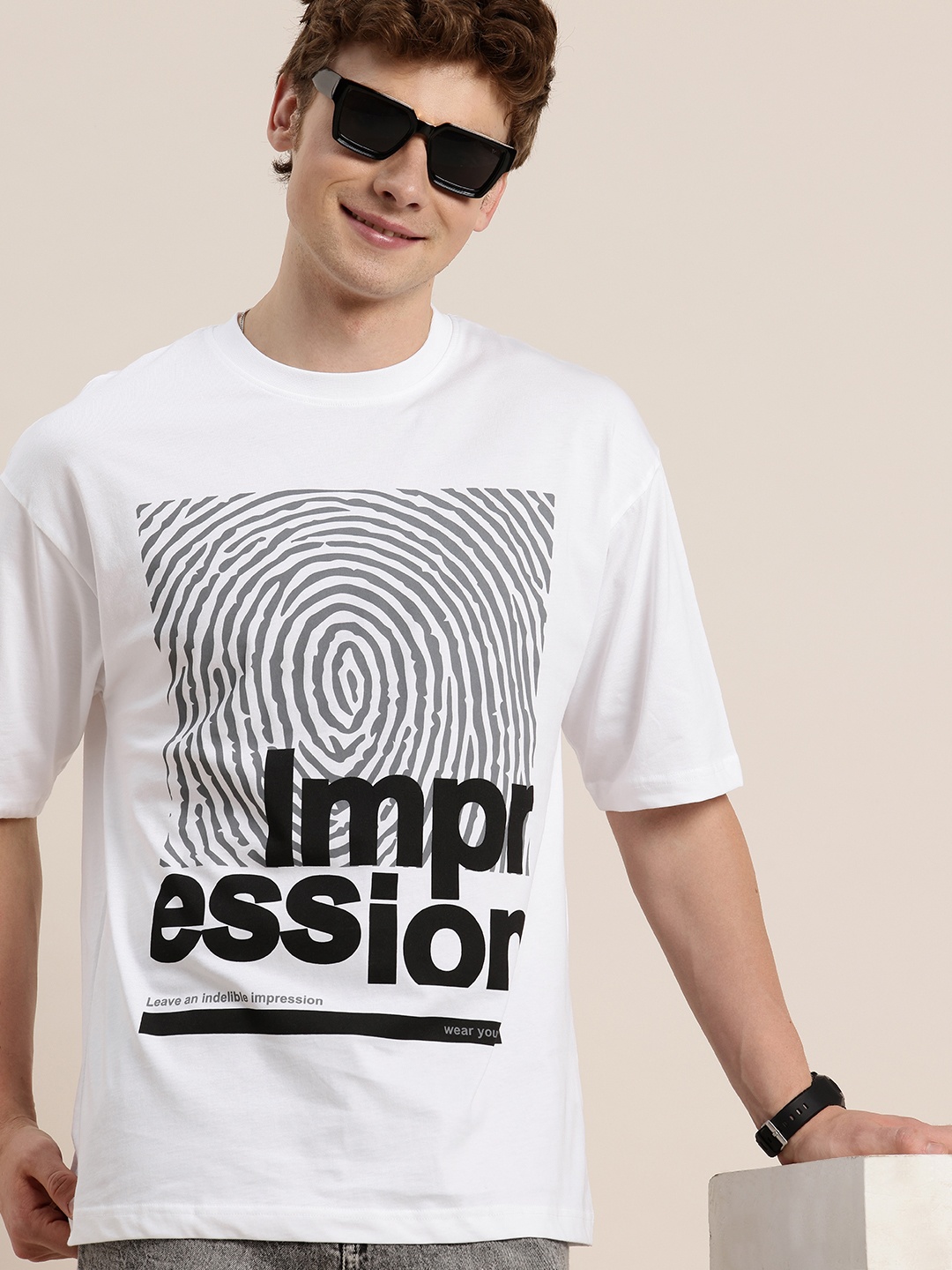 

HERE&NOW Printed Drop-Shoulder Sleeves Oversized Fit Pure Cotton T-shirt, White