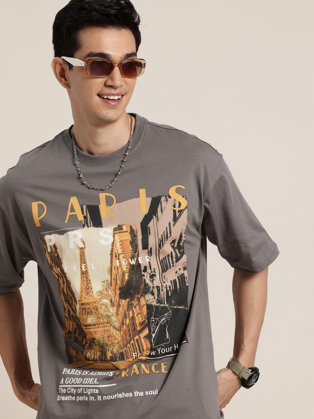 

HERE&NOW Printed Drop-Shoulder Sleeves Oversized Pure Cotton T-shirt, Grey