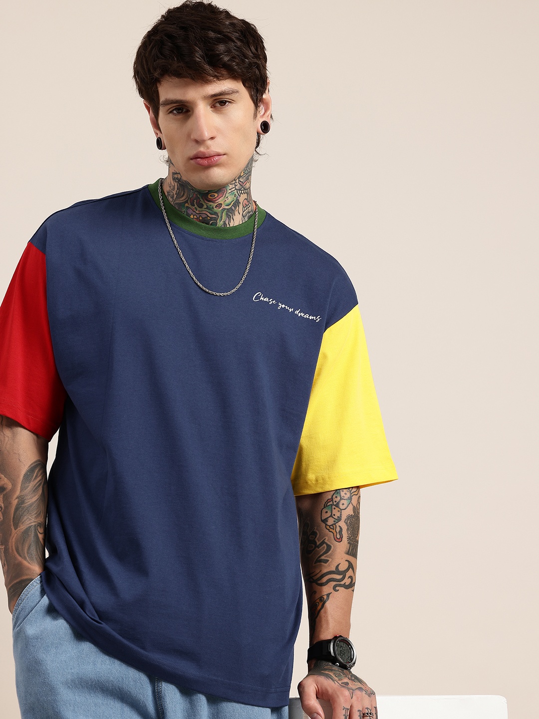 

HERE&NOW Relaxed Fit Colourblocked Pure Cotton T-shirt, Navy blue