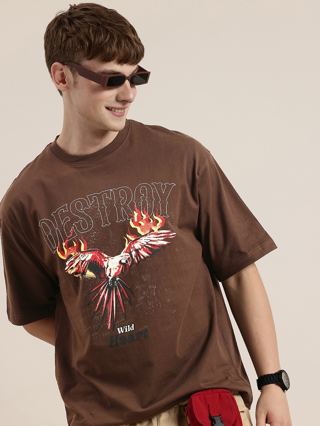 HERE&NOW Printed Drop-Shoulder Sleeves Oversized Pure Cotton T-shirt, Brown