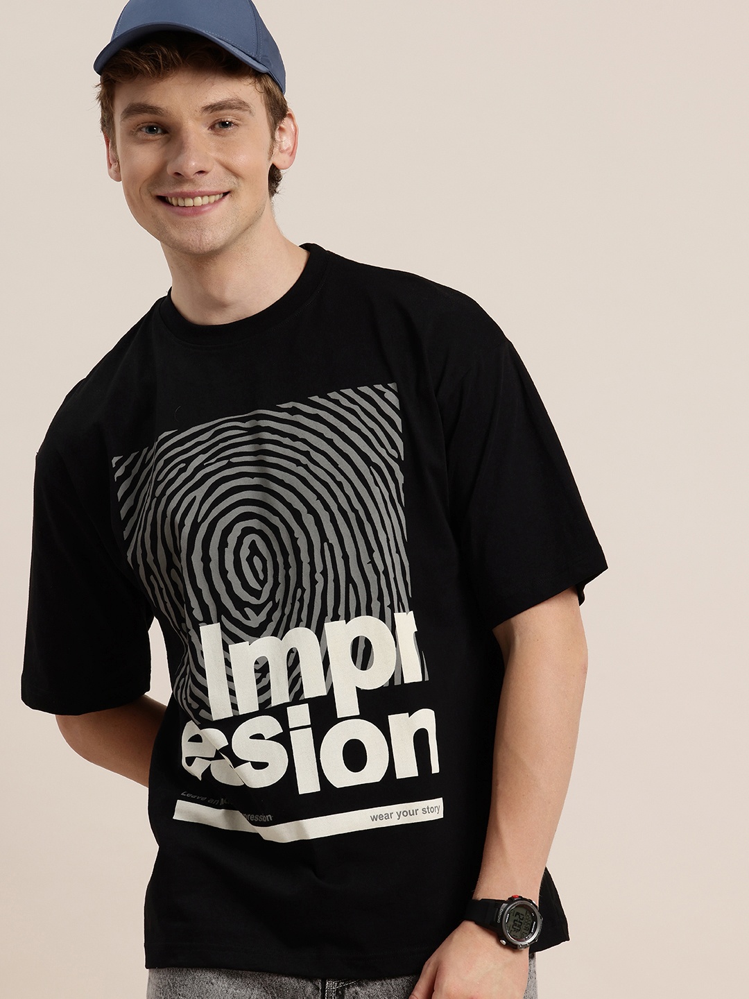 

HERE&NOW Printed Drop-Shoulder Sleeves Relaxed Fit Pure Cotton T-shirt, Black