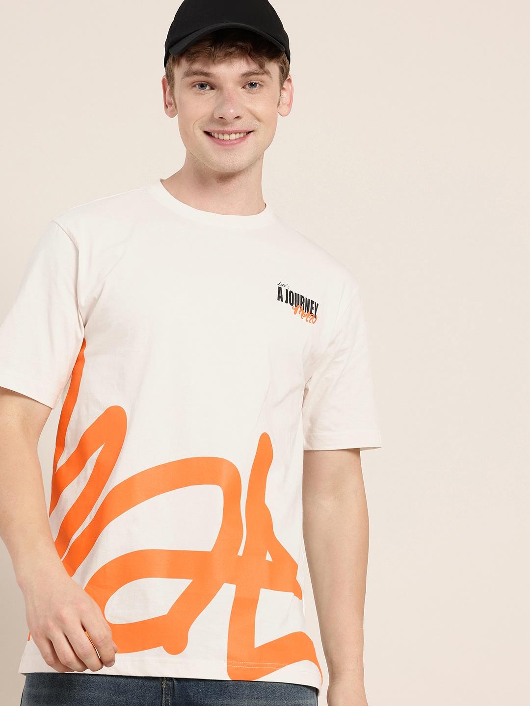 

HERE&NOW Printed Drop-Shoulder Sleeves Pure Cotton Oversized Fit T-shirt, Off white