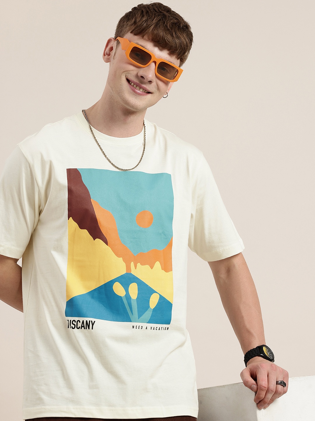

HERE&NOW Printed Drop-Shoulder Sleeves Oversized Pure Cotton T-shirt, Off white