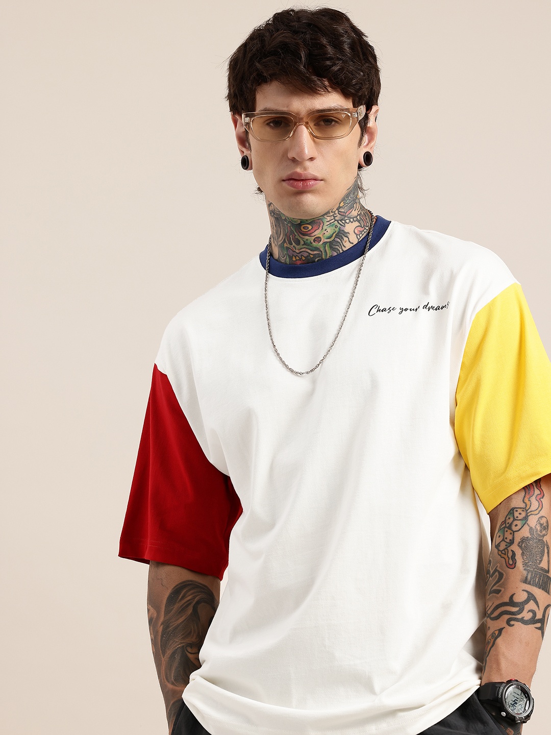 

HERE&NOW Relaxed Fit Colourblocked Pure Cotton T-shirt, Cream