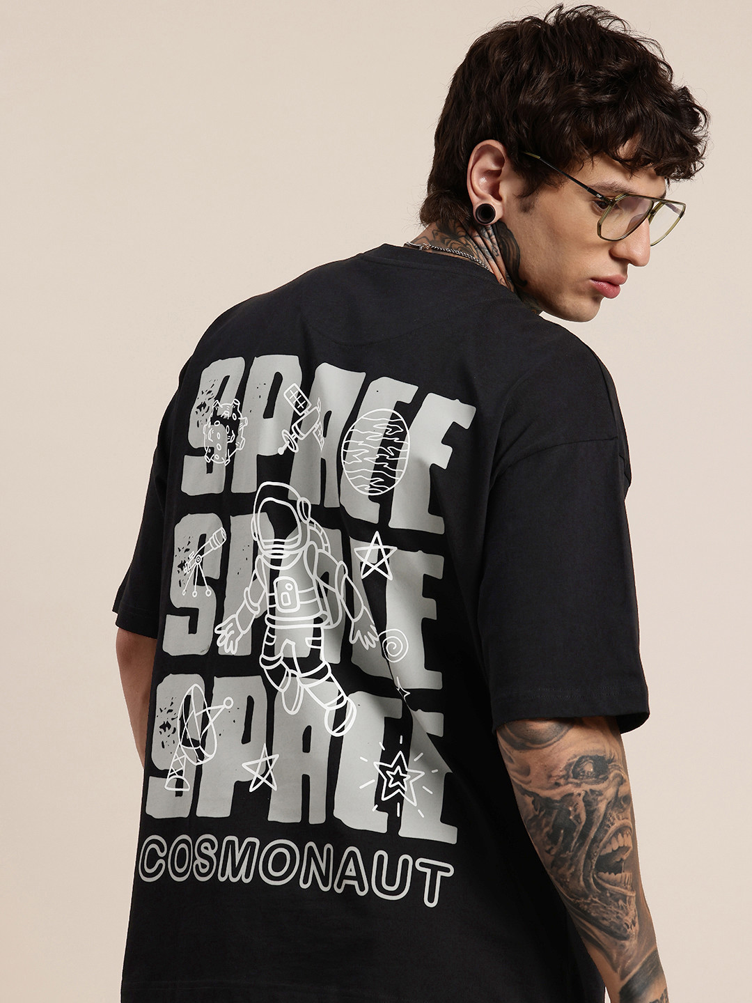 

HERE&NOW Typography Printed Relaxed Fit Drop-Shoulder Sleeves Pure Cotton T-shirt, Black