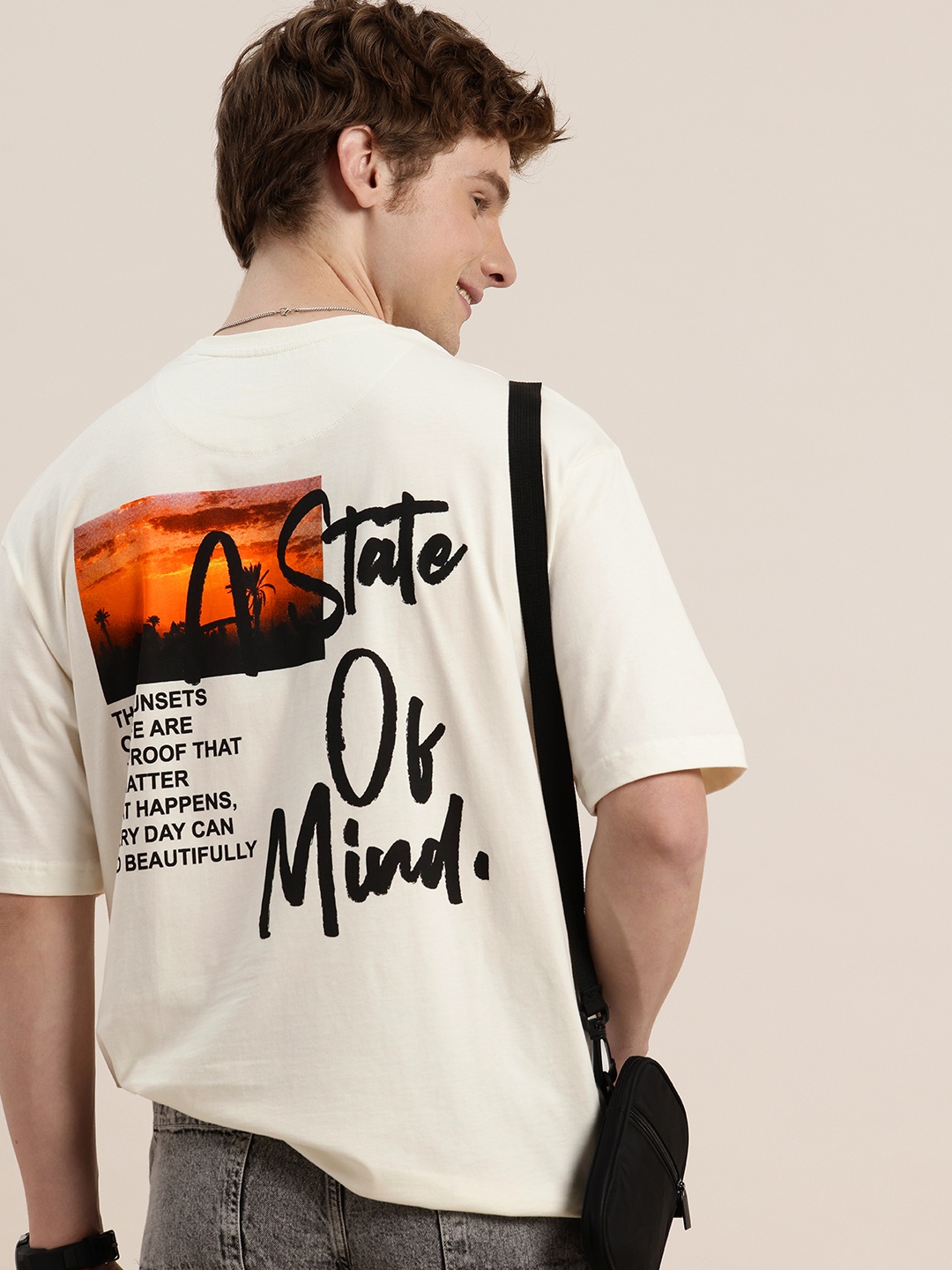 

HERE&NOW Printed Drop-Shoulder Sleeves Relaxed Fit Pure Cotton T-shirt, Off white