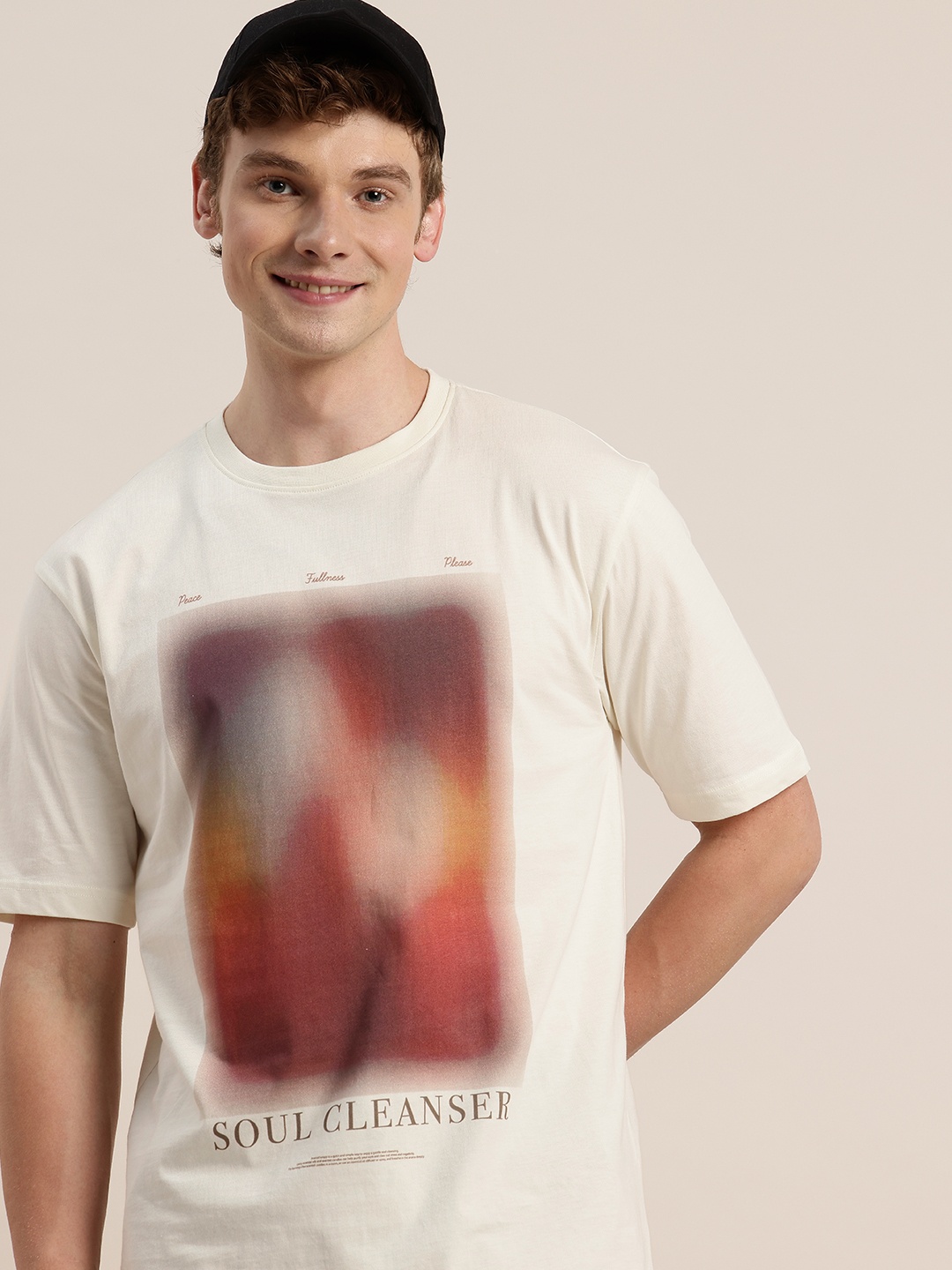 

HERE&NOW Printed Drop-Shoulder Sleeves Oversized Fit Pure Cotton T-shirt, Cream