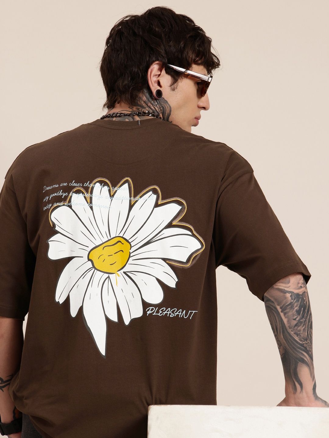 

HERE&NOW Floral Printed Drop-Shoulder Sleeves Pure Cotton Relaxed T-shirt, Brown