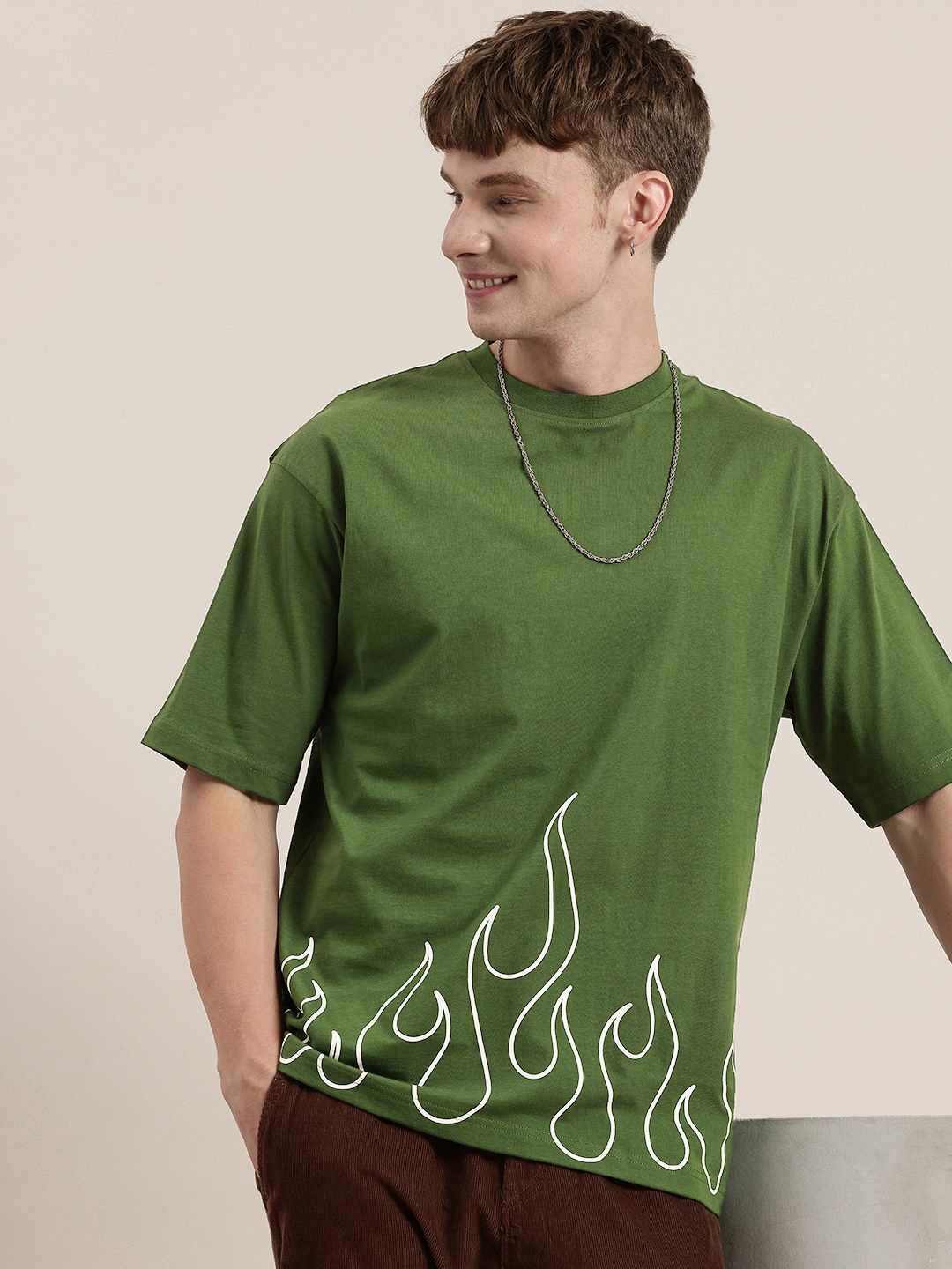 

HERE&NOW Printed Drop-Shoulder Sleeves Relaxed Pure Cotton T-shirt, Green