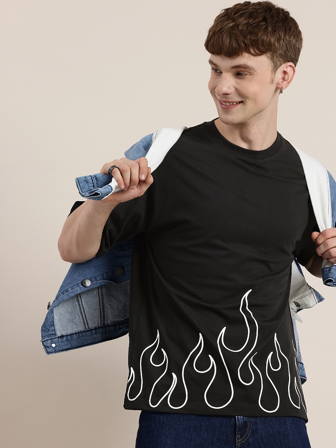 

HERE&NOW Printed Drop-Shoulder Sleeves Relaxed Pure Cotton T-shirt, Black