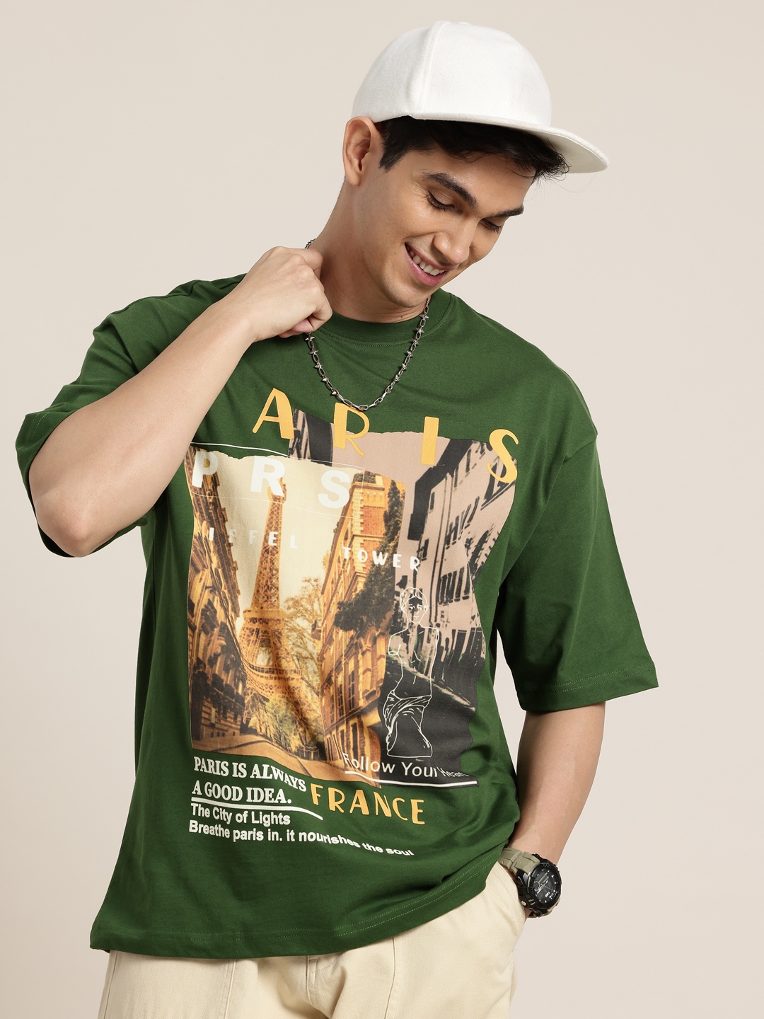 

HERE&NOW Printed Drop-Shoulder Sleeves Oversized Pure Cotton T-shirt, Green