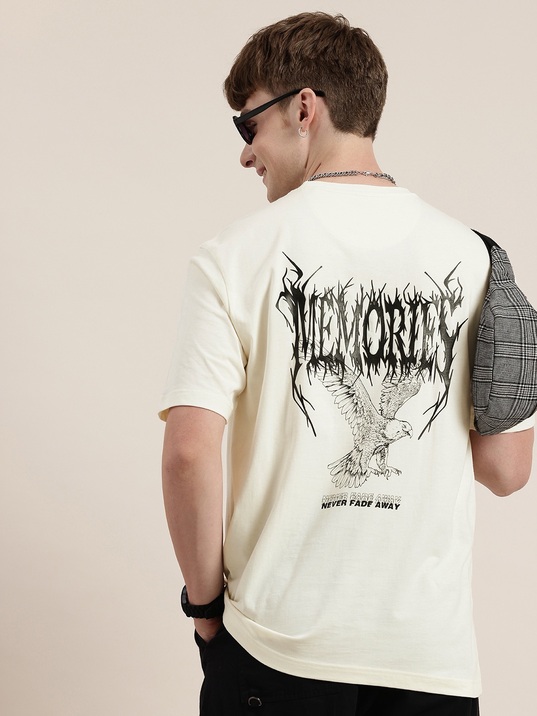 

HERE&NOW Printed Drop-Shoulder Sleeves Relaxed Pure Cotton T-shirt, Off white