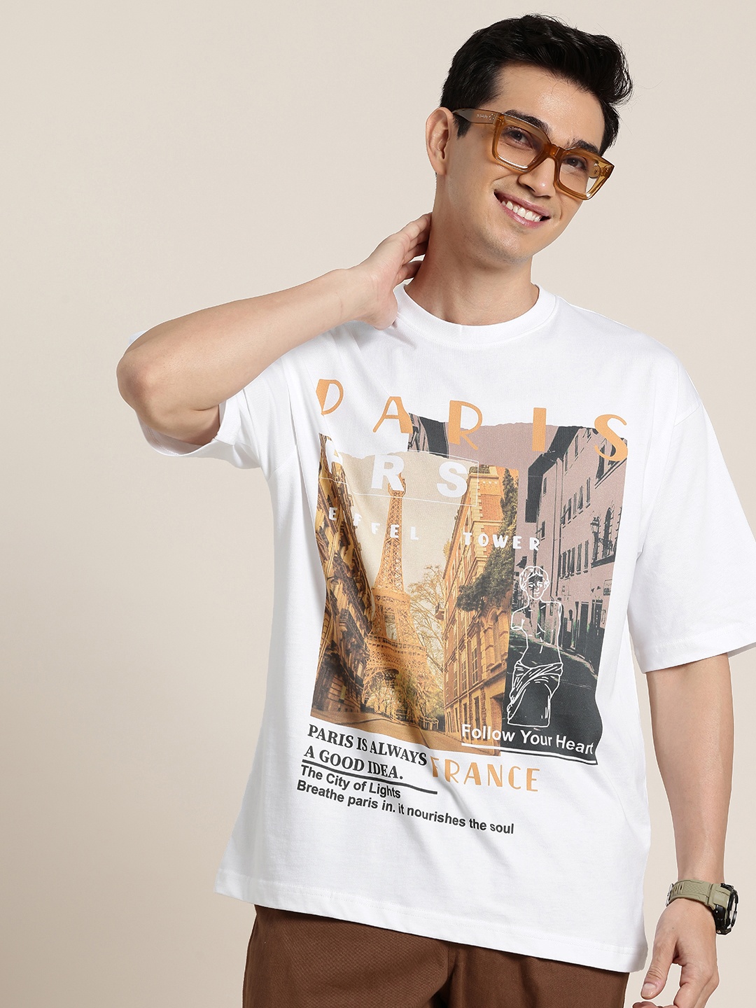 

HERE&NOW Pure Cotton Graphic Printed Drop-Shoulder Sleeves Relaxed Fit T-Shirt, White