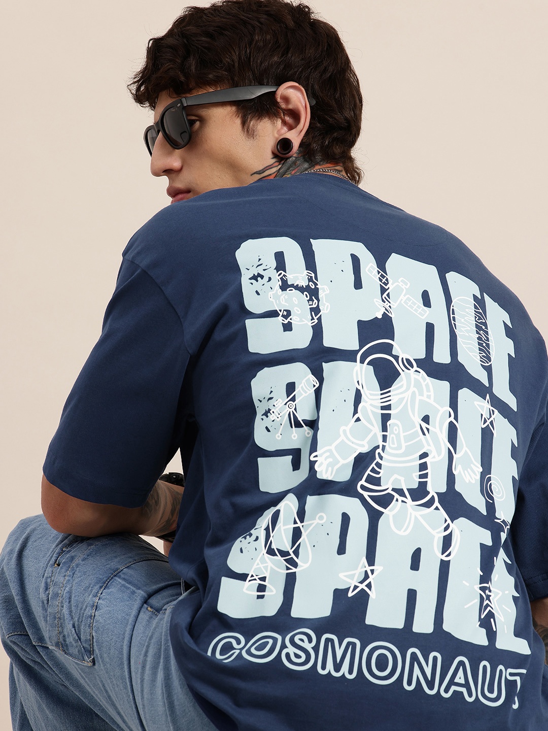 

HERE&NOW Typography Printed Relaxed Fit Drop-Shoulder Sleeves Pure Cotton T-shirt, Blue