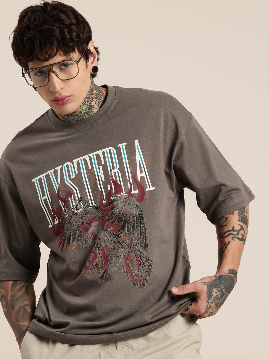 

HERE&NOW Typography Printed Drop-Shoulder Sleeves Pure Cotton Oversized T-shirt, Grey