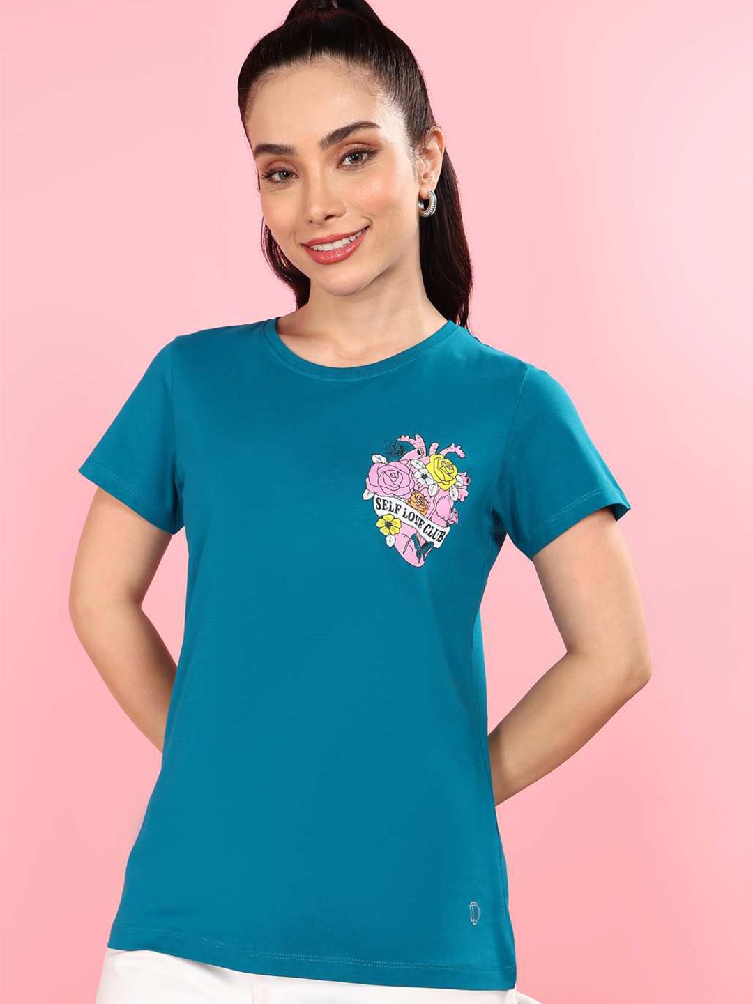 Dollar Women Printed Cowl Neck T-shirt, Blue